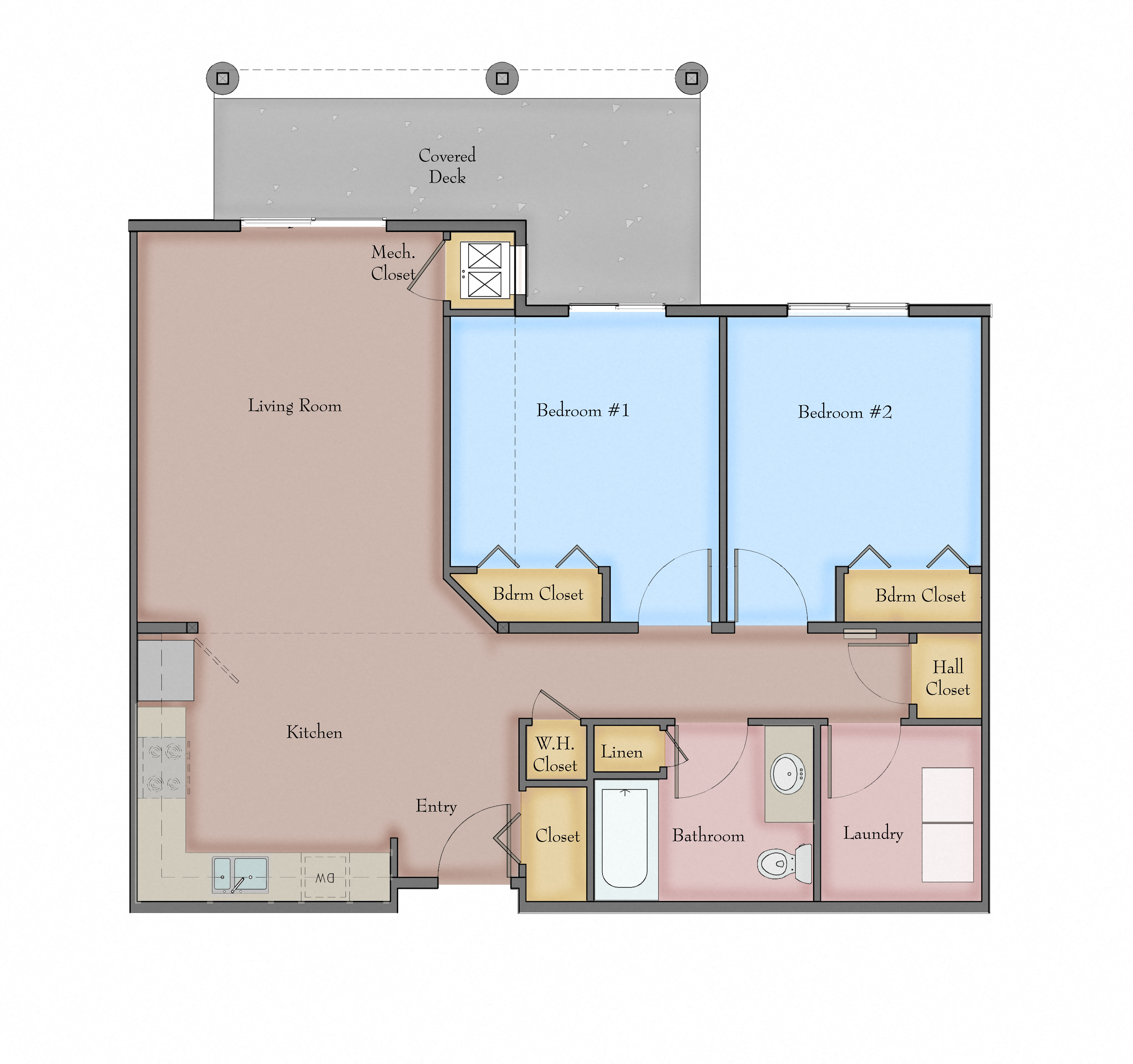 Floor plan for 2 beds, 1 bath, 885 sqft